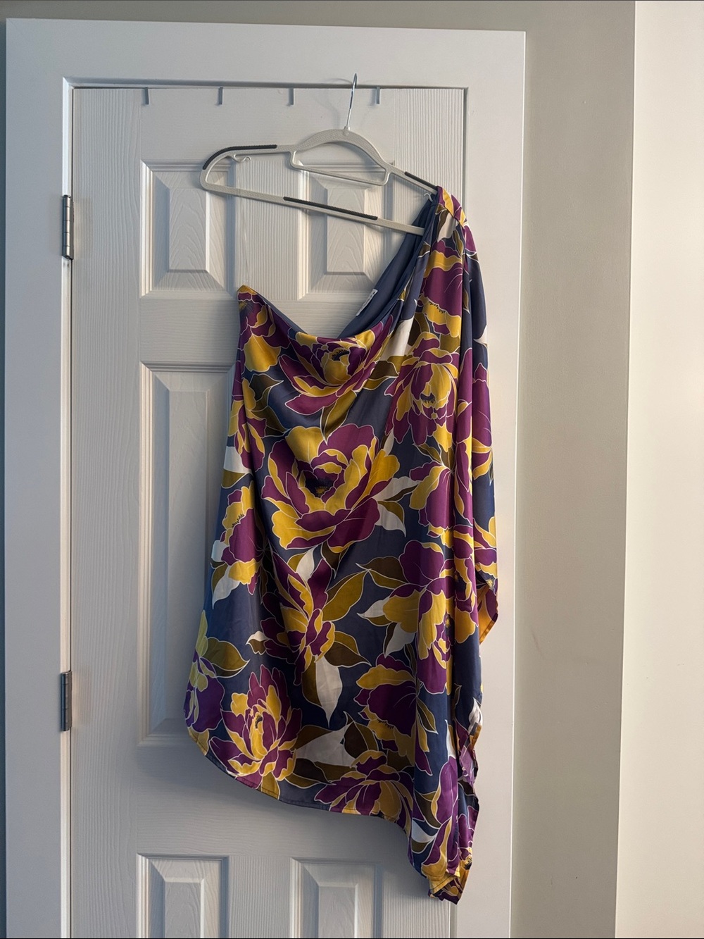 Floral Satin Dolman One-Shoulder Dress in Purple, Mustard & Navy